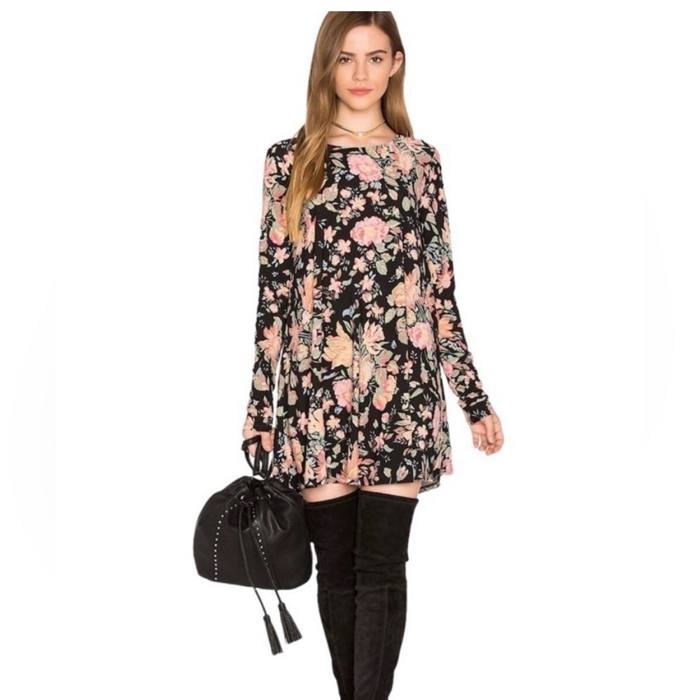 Show Me Your MuMu Tyler Minidress Tunic Black Floral Long Sleeve Dress‎ Knit XS